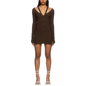 Ad?mo Rib Knit Brown Double Layer Long Sleeve Mini Dress Size S